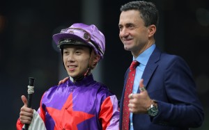 Jockey Angus Chung and trainer Douglas Whyte enjoy Zoom Boom’s win. Photo: Kenneth Chan