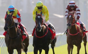 Wellington (left) runs third behind Lucky Sweynesse (centre) on Sunday. Photo: Kenneth Chan