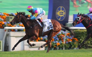 Taj Dragon takes out the Group Three Chinese Club Challenge Cup (1,400m) under Andrea Atzeni at Sha Tin on Monday. Photos: Kenneth Chan
