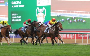 California Spangle steams home in Saturday’s Group One Al Quoz Sprint (1,200m). Photos: Kenneth Chan