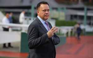 Caspar Fownes celebrates his Saturday treble at Sha Tin. Photos: Kenneth Chan