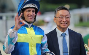 Hugh Bowman (left) celebrates his treble at Sha Tin with Francis Lui. Photos: Kenneth Chan