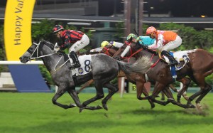 Outgate surges home to score at the Valley under Angus Chung. Photos: Kenneth Chan