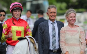 Luke Ferraris, Mark Newnham and Newnham’s wife Donna are all smiles after My Wish wins at Sha Tin. Photos: Kenneth Chan