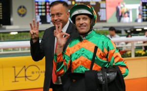 Caspar Fownes and Hugh Bowman celebrate a third of the evening. Photos: Kenneth Chan
