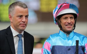 Trainer Jamie Richards and jockey Hugh Bowman enjoy the recent victory of Gallant Valour. Photo: Kenneth Chan