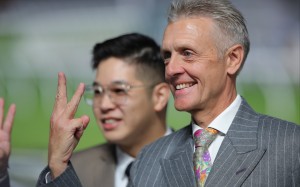 Mark Newnham enjoys his treble at Sha Tin on Sunday. Photos: Kenneth Chan