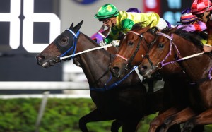 Sky Trust stays on to win narrowly under Lyle Hewitson at Sha Tin. Photos: Kenneth Chan