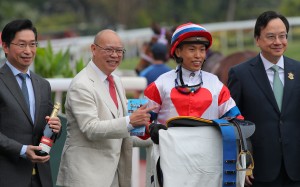 Trainer Chris So (second from left) and jockey Vincent Ho teamed up for a double at Sha Tin on Wednesday. Photos: Kenneth Chan