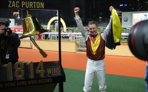 Zac Purton celebrates breaking the all-time Hong Kong wins record at the Valley last month. Photos: Kenneth Chan
