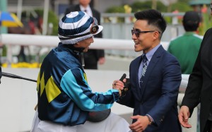 Keith Yeung congratulates Alexis Badel after the French jockey’s victory aboard Master Of All at Sha Tin on Sunday. Photos: Kenneth Chan