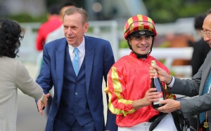 Jockey Andrea Atzeni celebrates his win on Lifeline Express with trainer John Size and connections. Photos: Kenneth Chan