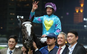 Hugh Bowman celebrates his third  win at Happy Valley on Wednesday night on Casa Rochester. Photos: Kenneth Chan