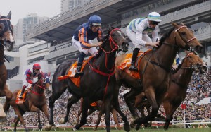 Voyage Bubble (right) and Red Lion fight out the finish of Sunday’s Group One Champions Mile. Photo: Kenneth Chan
