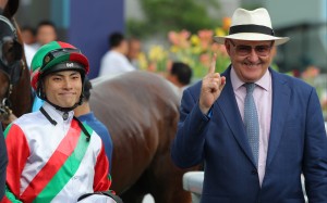 Apprentice Ellis Wong and trainer David Hayes are all smiles after Solid Shalaa’s Sha Tin victory. Photos: Kenneth Chan