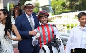 Jockey Lyle Hewitson celebrates Metro Power’s win at Sha Tin on Sunday with trainer David Hayes and connections. Photos: Kenneth Chan