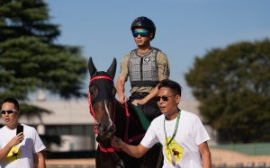 Derek Leung aboard Lucky Sweynesse at Nakayama trackwork. Photos: HKJC