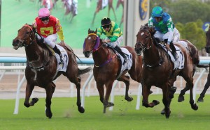 My Wish (left) wins the Group Three Celebration Cup (1,400m) at Sha Tin on Sunday. Photos: Kenneth Chan