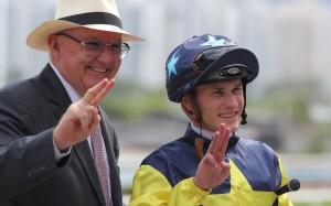 Race 3, PRECISION GOAL, ridden by Luke Ferraris, won the class 4 over 1650m(all weather track) at Sha Tin. David Hayes celebrated his win. 04OCT25 SCMP / Kenneth Chan.