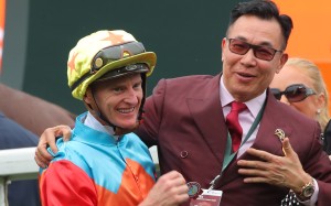 Jockey Zac Purton and owner Leung Shek-kong  celebrate a Ka Ying Rising victory. Photos: Kenneth Chan