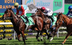 Ka Ying Rising (left), ridden by jockey Zac Purton, wins The Everest 2025 race at the Royal Randwick racecourse in Sydney on October 18. Photo: AFP
