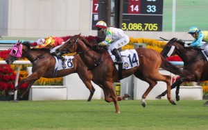 Sagacious Life (14) nails Steps Ahead (8) to win the Panasonic Cup. Photos: Kenneth Chan
