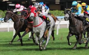 Allcash (grey) and Hugh Bowman win at Happy Valley. Photos: Kenneth Chan