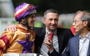 Jockey Hugh Bowman, trainer Douglas Whyte and connections enjoy Celestial Hero’s win in July. Photo: Kenneth Chan