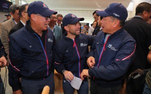 Jockey Umberto Rispoli (centre) with trainers Chris So (left) and Ricky Yiu at the International Jockeys’ Championship draw on Monday morning. Photos: Kenneth Chan