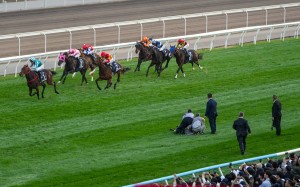 Jockey Club officials hold a man who ran onto the track down during Sunday’s Hong Kong Cup at Sha Tin. Photos: Kenneth Chan
