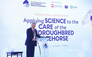 Jockey Club chief executive Winfried Engelbrecht-Bresges speaking at the HKJC Equine Welfare Research Foundation conference. Photos: HKJC