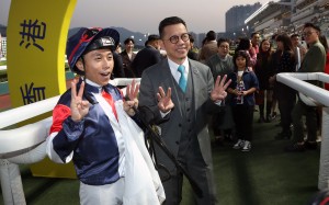 Trainer Frankie Lor and Matthew Poon celebrate their three timers. Photos: Kenneth Chan