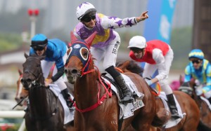 Harry Bentley celebrates as Stormy Grove wins the Classic Cup. Photos: Kenneth Chan