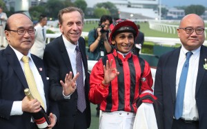 John Size (second left) and Karis Teetan celebrate Nautical Force’s win. Photos: Kenneth Chan