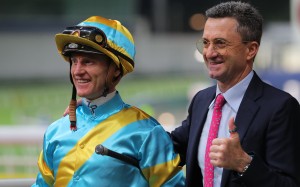 Zac Purton (left) and Douglas Whyte (right) celebrate the win of Giant Ballon at Happy Valley. Photos: Kenneth Chan