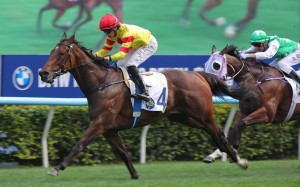 Vincent Ho guides Hot Delight to a third win from as many starts. Photos: Kenneth Chan