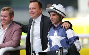 Caspar Fownes and Joao Moreira celebrate the win of The Heir at Happy Valley. Photos: Kenneth Chan