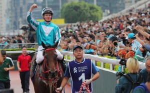 Romantic Warrior and James McDonald return after winning the Group One Champions & Chater Cup. Photo: Kenneth Chan