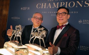 Owners Peter Lau Pak-fai and Leung Shek-kong after Romantic Warrior and Ka Ying Rising share Horse of the Year honours for 2025-25. Photos: Kenneth Chan