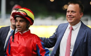 Caspar Fownes celebrates a Happy Valley victory with jockey Joao Moreira. Photos: Kenneth Chan
