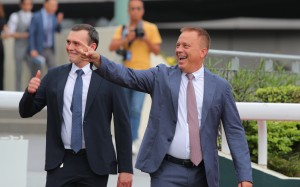 Caspar Fownes and his son Ronan celebrate a Sha Tin winner. Photos: Kenneth Chan