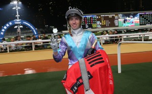 James Orman celebrates his first Hong Kong treble at the Valley. Photos: Kenneth Chan