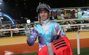 James Orman celebrates his first Hong Kong treble at the Valley. Photos: Kenneth Chan