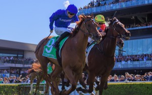Ka Ying Rising (right) runs a close second to Tempted in The Everest at Randwick. Photo: HKJC