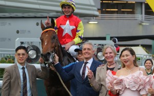 Jockey Andrea Atzeni and connections of Crimson Flash celebrate his Sha Tin win last April. Photos: Kenneth Chan