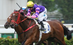 Zac Purton races clear on Everyone’s Joy to go past Tony Cruz’s record of 946 career winners. Photos: Kenneth Chan
