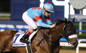 Christophe Lemaire wins the Dubai Turf with Almond Eye at Meydan. Photo: Kenneth Chan