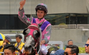 James McDonald shows his delight after winning on Monica. Photos: Kenneth Chan