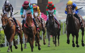Santa Ana Lane (right) runs fourth to Beat The Clock in the Group One Chairman’s Sprint Prize. Photo: Kenneth Chan