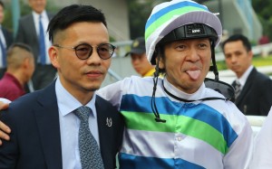 Trainer Frankie Lor (left) with his brother-in-law jockey Peter Ho after combining for a winner 12 months ago at Sha Tin. Photos: Kenneth Chan